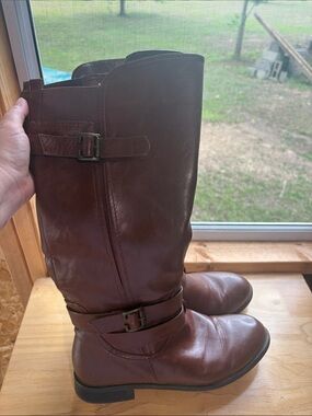 Brown Leather Knee-High Buckle Riding Boots